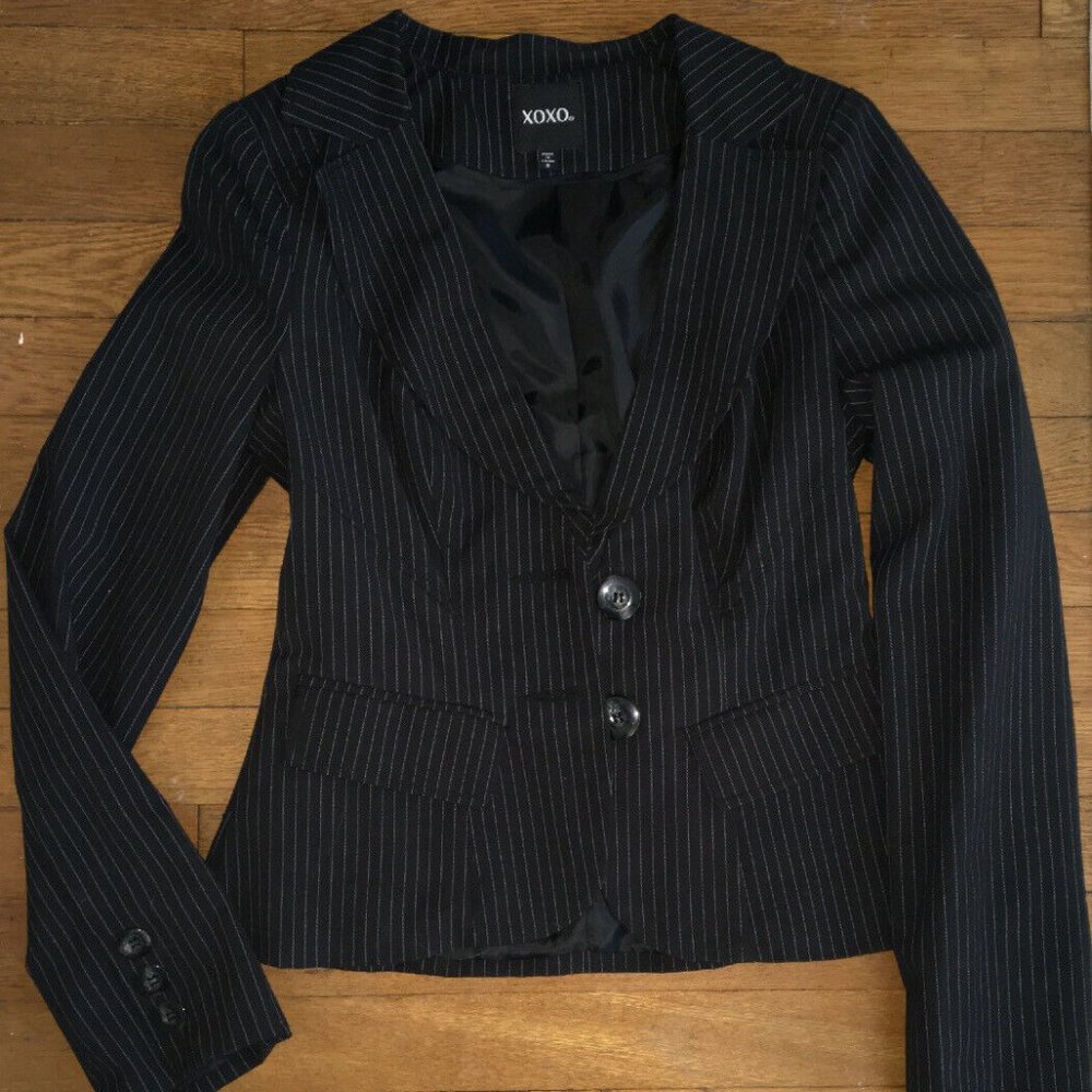 XOXO Black Pinstripe Blazer Small Lined Long Sleeve Woman Two Button Jacket